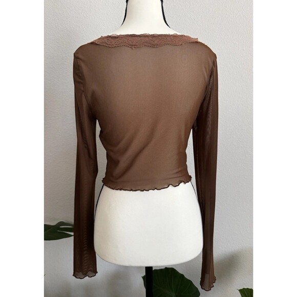 Y2K Brown Sheer Mesh Lace Trim Cropped Button Front Long Sleeve Top M Coquette - Picture 6 of 14